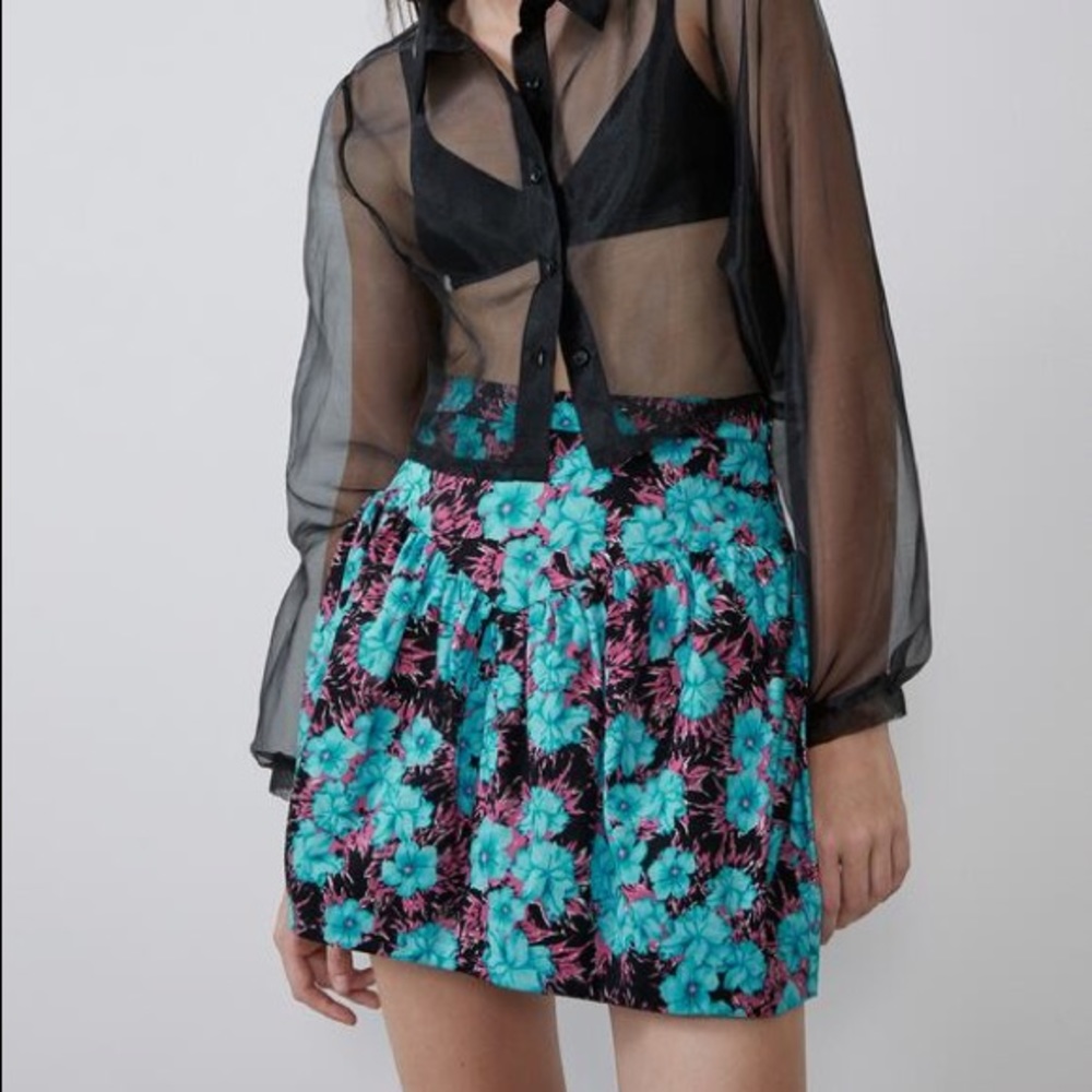 ZARA High-Waist Floral Printed Skater Bubble Mini Skirt